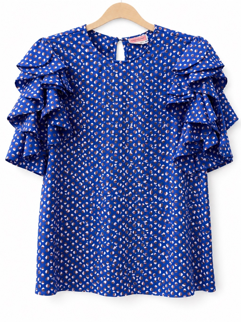 kate spade Royal Blue Ruffle Sleeve Blouse with Pink Dot Print